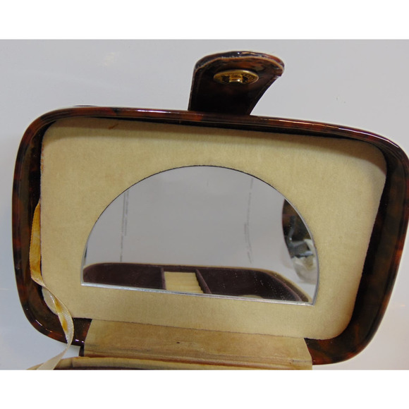 Vintage Travel Jewelry Box Chest Brown Faux Leather Handle Snap Closure Mirror - Picture 3 of 12